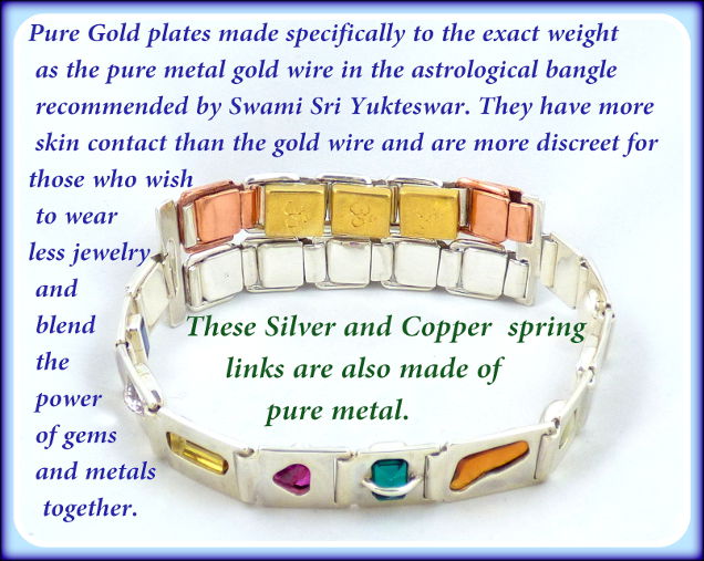 An astrological gem bangle which has copper, silver and gold spring links for added benefit.