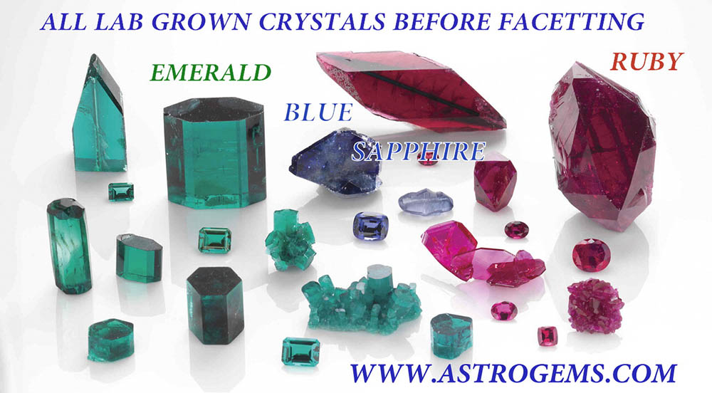 Laboratory grown crystals, emerald, blue sapphire, ruby.