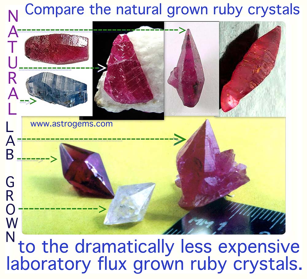 Comparison of natural crystals with laboratory grown crystals. Laboratory grown crystals are created slowly like in nature, they are much clearer, and are much less expensive than natural crystals.