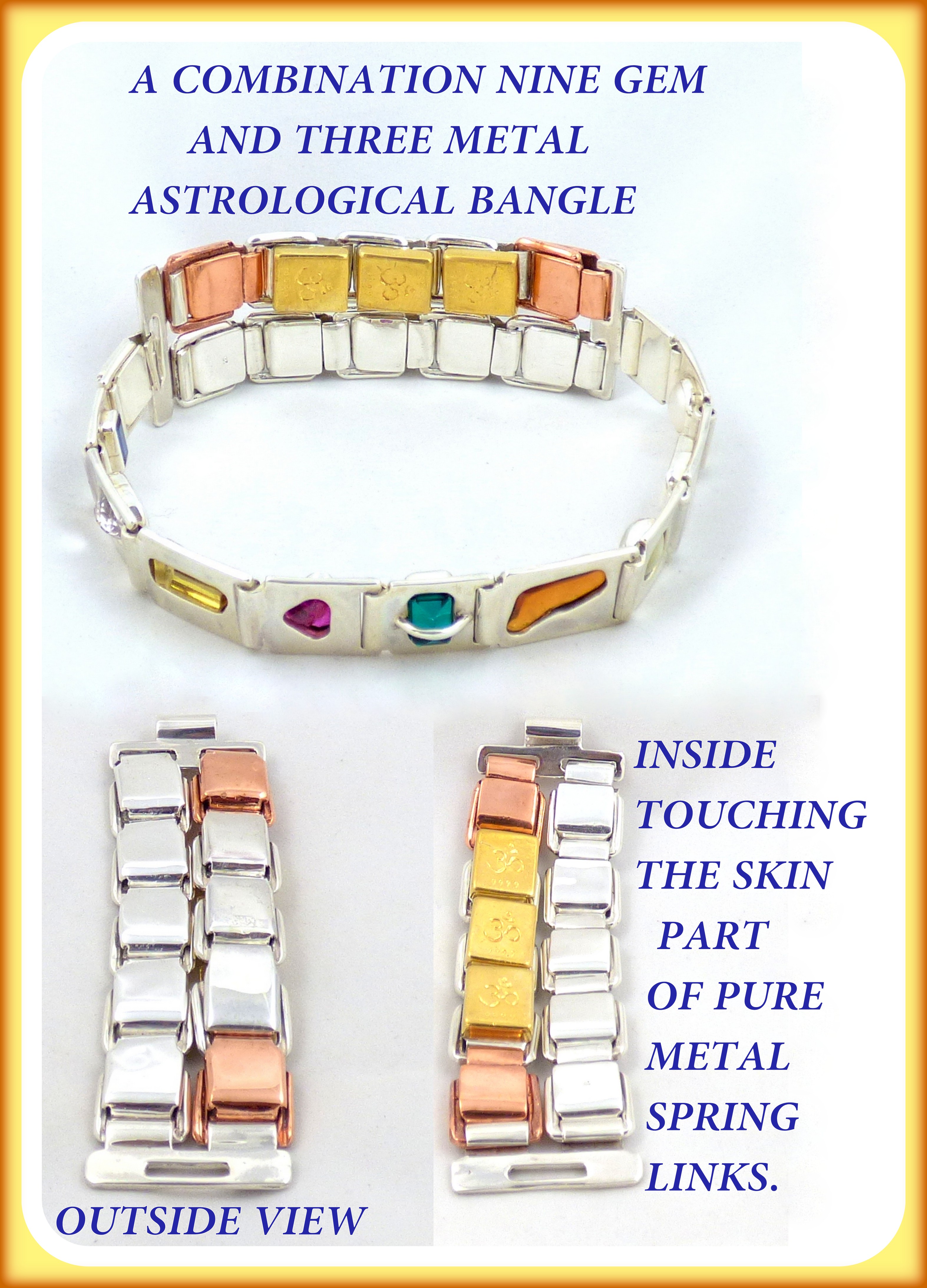 A combination nine gem (navaratna) and three metal astrological bangle, including a top, outside and inside view.